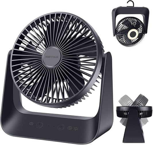 5000mAh Small Desk Fan 6-Inch, Portable Desktop Fan with Intelligent temperature control function,Small Battery Operated USB Fan with Light & Hook for Bedroom, Home, Office, Travel & Cruise
