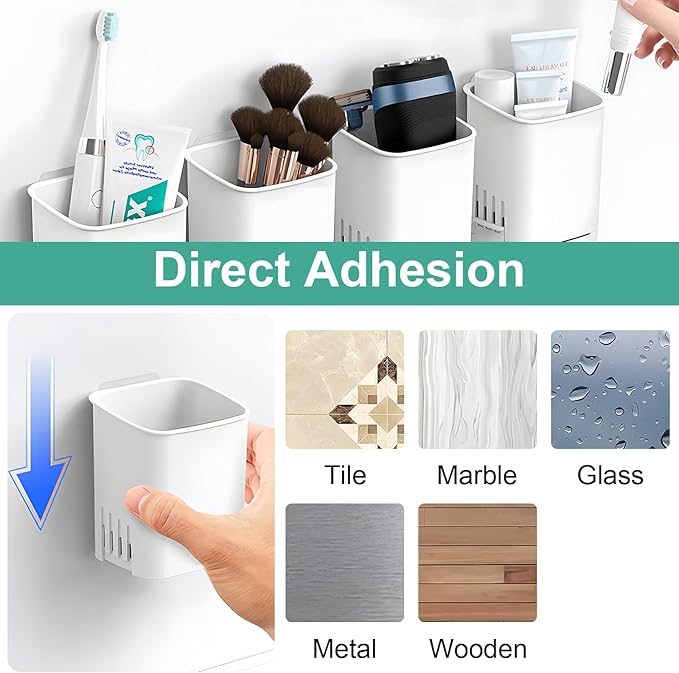 2 Pcs Toothbrush Holder Wall Mounted, No Drilling Toothbrush Holders for Bathroom, Shower Electric Toothbrush and Toothpaste Razor Holder Removable Self Draining for Bathroom Kitchen (White)