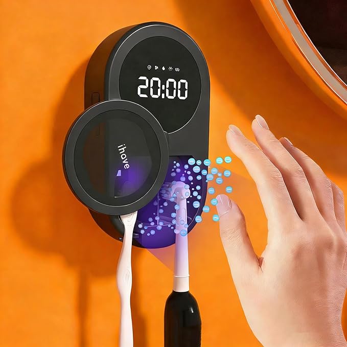 iHave Toothbrush Sanitizer Holder with UVC & 100M Negative Ions: Auto-Cycle for 360° Disinfection, Mold & Odor Removal | USB Toothbrush Holders Wall Mounted with Wave Sensor, LED, Heated & Fan Drying