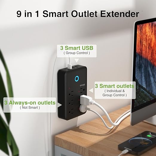 GHome Smart Plug Outlet Extender, Smart Power Strip Surge Protector with 3 Individually Controlled WiFi Outlets and 3 USB Ports, Smart Plugs That Works with Alexa Google Home, 15A/1800W, Black