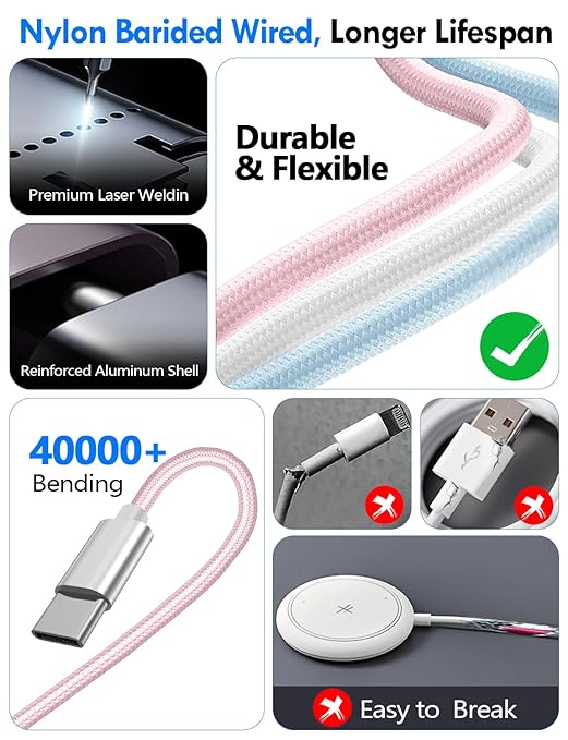 2Pack Multi Charging Cable Cord for Travel Essentials,Apple Watch Charger,iPhone Charger,[3-in-2] Type C/L Cable Portable Designed for iWatch,iPhone 17-8,Galaxy S26-21,AirPods,iPad-4FT Pink