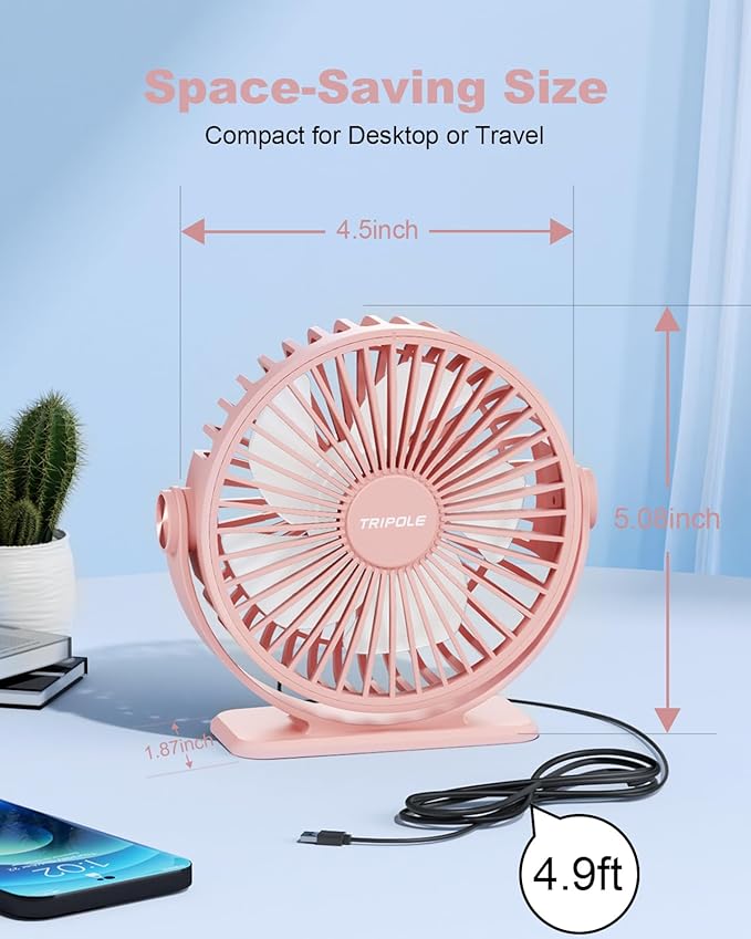 TriPole USB Desk Fan Mini Portable Personal Fan, 3 Speeds Adjustable Strong Breeze Small Electric Fan, 360° Rotation Quiet Plug In USB Fan for Desktop Bedroom Office Table Travel Cruise, Pink, 4.5in