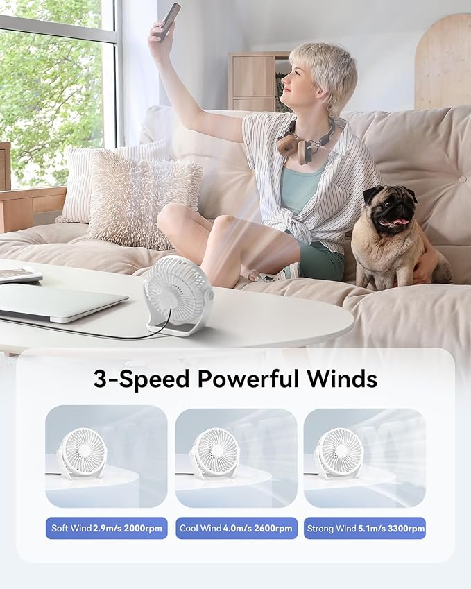Edvision USB Desk Fan, 5 Inch Small Portable, 3 Speeds Powerful Wind Mini Personal Desktop Fan 360° Rotation Adjustable, Plug In USB Fan Quiet for Table Home Office Travel Car(White)