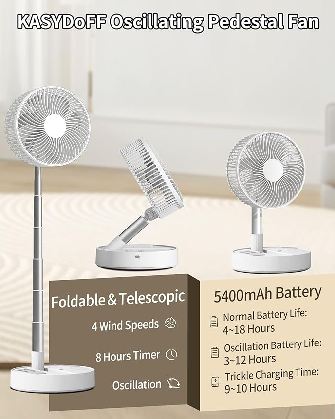 Portable Fan, 31'' Oscillating Standing Floor Fan, 5400mAh Battery Powered Foldable Desk Fan with 4 Speeds＆8H Timer, Personal Floor Fan for Bedroom, Small Travel Fan for Outdoor