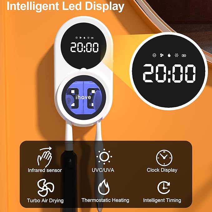 iHave Toothbrush Sanitizer Holder with UVC & 100M Negative Ions: Auto-Cycle for 360° Disinfection, Mold & Odor Removal | USB Toothbrush Holders Wall Mounted with Wave Sensor, LED, Heated & Fan Drying