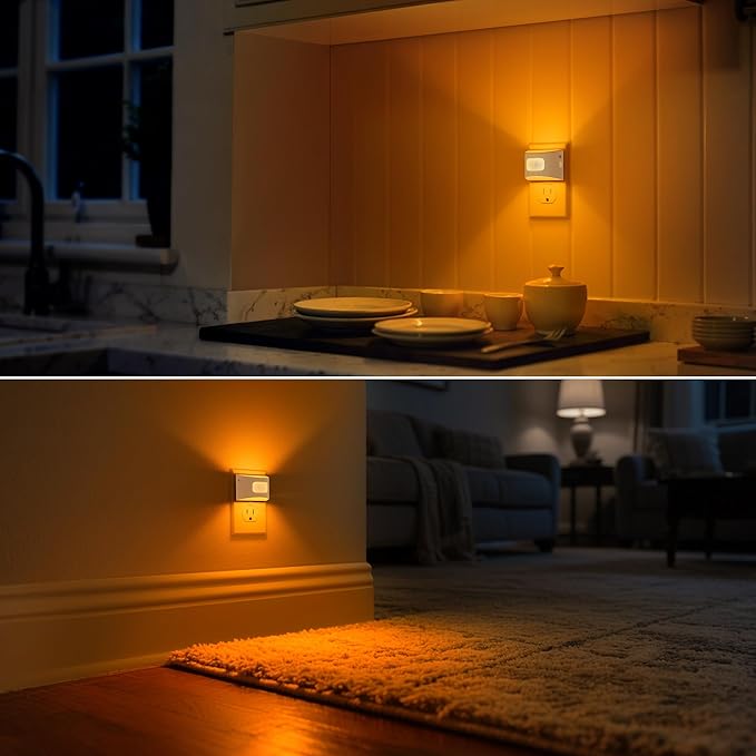 DORESshop LED Night Light[4 Pack], Night Lights Plug into Wall, Dimmable Plug in Night Light with Motion Sensor, Dusk to Dawn Sensor, Nightlights for Adults, Bedroom, Bathroom, Amber, White Cover