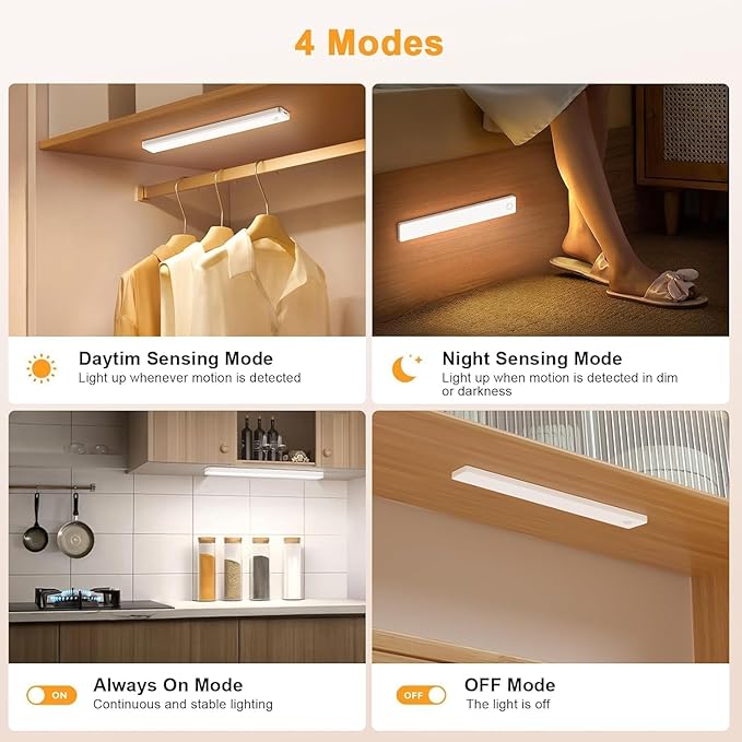 Auxoda Under Cabinet Lighting, 2 Pack Motion Sensor Light Indoor, Rechargeable Closet Lights Battery Operated, LED Lights for Bedroom, Wireless Dimmable Cabinet Lights