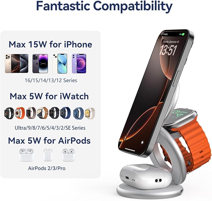 KU XIU X63 3 in 1 Charging Station for Apple, Aluminum Alloy Foldable Magnetic Wireless Charger, Travel Charger for iPhone 16/15/14/13/12 Series, Apple Watch& AirPods(with 20W Adapter)-Silver