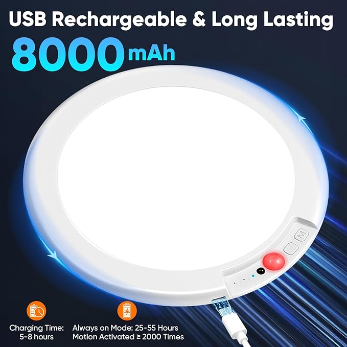 10" 8000mAh 2-Pack Rechargeable Motion Sensor Ceiling Lights with Remote, Battery Operated Closet Lights No Wiring, Wireless LED Shower Lights, 3 Color Dimmable Overhead Lamp for Closet Shower Pantry