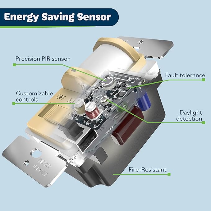 TOPGREENER in Wall PIR Motion Sensor Light Switch, Occupancy Sensor Switch, Neutral Wire Required, On/Off Override, Single Pole, 4A, 500W, Wall Plate Included, TSOS5-GDSWP, Gold