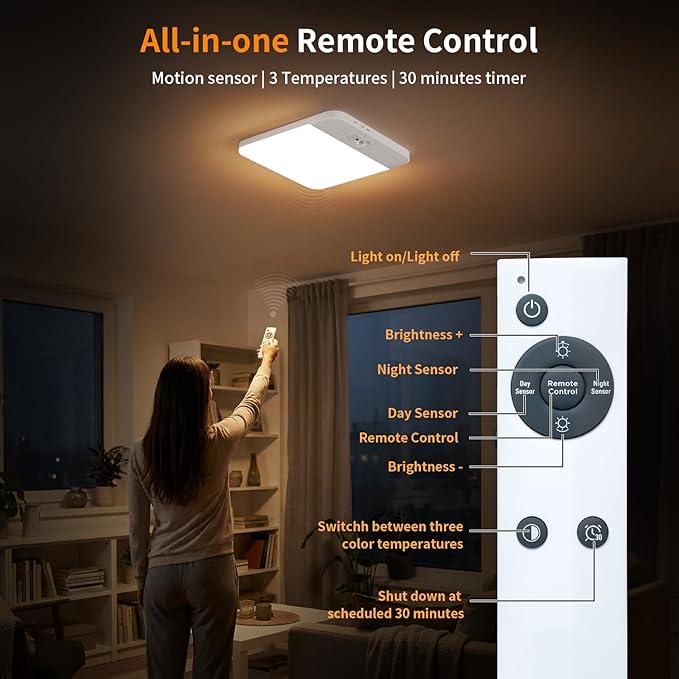 NARUNDREN 2 Pack Rechargeable Motion Sensor LED Ceiling Light with Remote, Wireless Battery Operated Closet Light, 400LM Dimmable 3 Color Temperatures, Ideal for Stair Hallway Garage Pantry