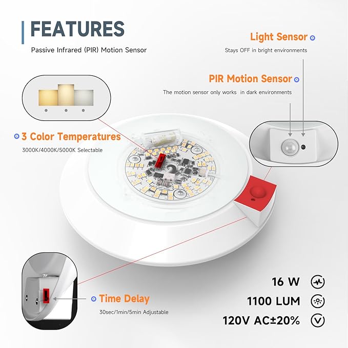 ECOELER 6Inch LED Motion Sensor Ceiling Light, 16W 1000Lm, 3CCT Selectable Motion Activated Surface Mount Disc Light with Timer Countdown for Stairwell, Closet, Hallway, NOT Battery Operated