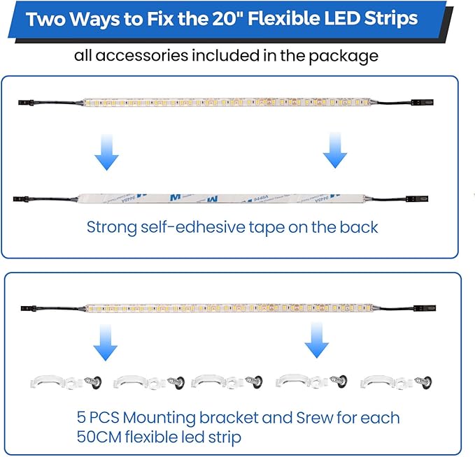 Under-cabinet lighting 6 x 20-inch flexible LED strips (includes UL-certified power adapter) 4000K daylight color temperature Suitable for kitchen cabinets countertops under shelves and wardrobes