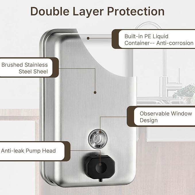 Stainless Steel Soap Dispenser Wall Mounted, 37oz Commercial Hand Soap Dsipenser, Manual Anti-Leak Pump Liquid Soap Dispenser, Rust-Proof Lining Hand Sanitizer Lotion Dispenser for Bathroom (37 OZ)