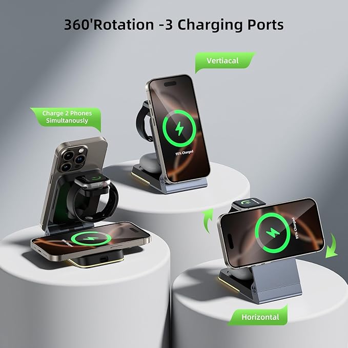 Foldable Wireless Charger 3 in 1 - Magnetic Wireless Charging Station for Apple Magsafe Charger Stand with Light,Aluminum Portable Travel Charger Dock for iPhone 17/16/15/14/13/12,Apple Watch,AirPods
