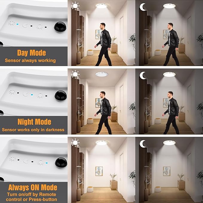 Rechargeable Motion Sensor Ceiling Light, No Wiring Closet Light Battery Operated with Remote Dimmable Timing, Magnetic Motion Activated Shower Light for Closet Shower Bathroom Hallway