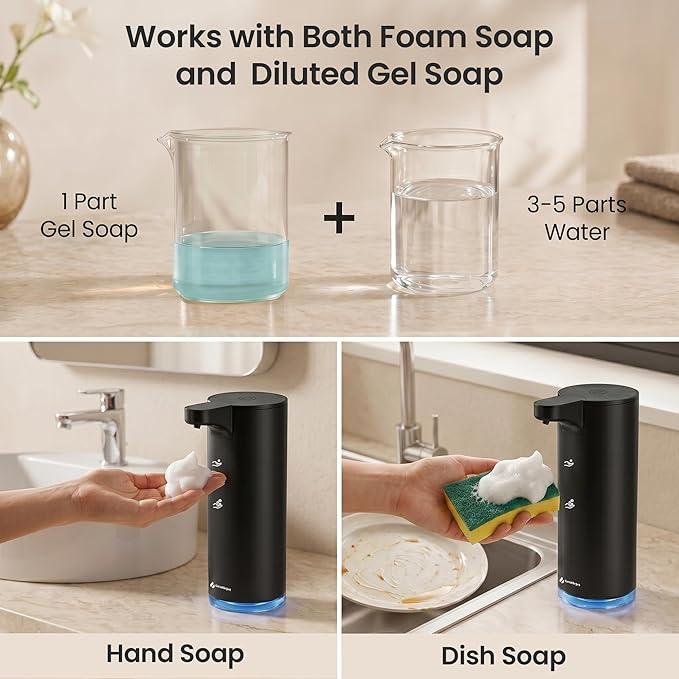 GentleJet EasyFoam Automatic Foaming Soap Dispenser, Touchless USB-C Rechargeable Sensor Pump, 304 Stainless Steel, Adjustable Foam, IPX5 Water-Resistant for Bathroom & Kitchen, 10 fl oz / 300 mL