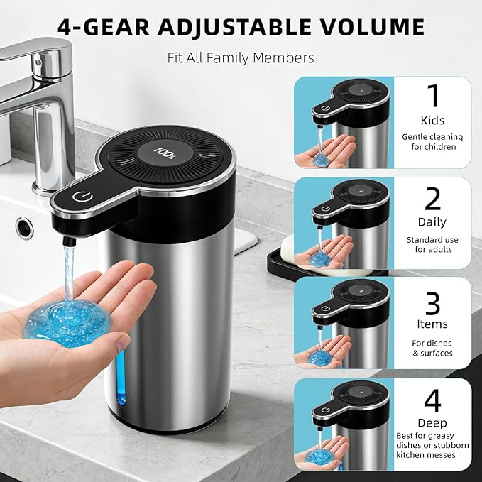 Touchless Automatic Liquid Soap Dispenser for Kitchen, Rechargeable, 13.5oz Large Capacity, Fast Sensor, 4 Adjustable Liquid Levels, Waterproof, Clog-Free Pump(Stainless Steel Liquid)