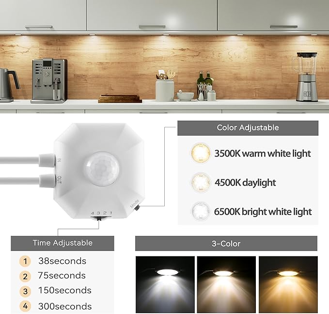 Motion Sensor Under Cabinet Light, 3 Color Kitchen LED Cabinet Light USB Powered, 3500K-6500K Indoor Motion Sensor Light for Kitchen, Closet, Counter, Hallway