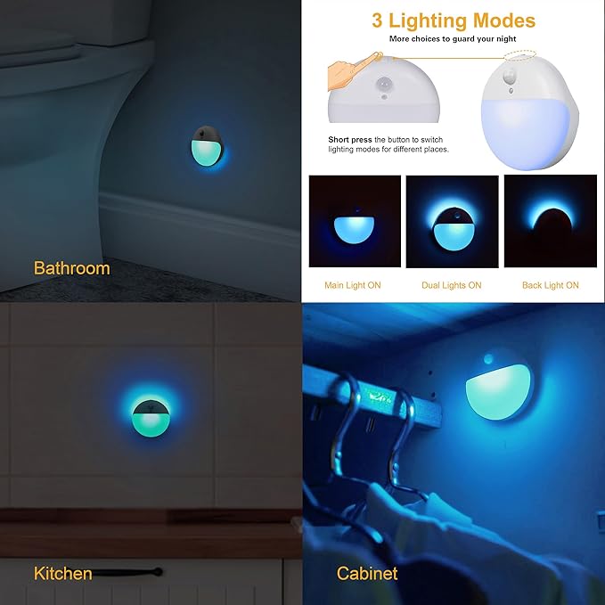 YUNLEX 2 Pack Azure Battery Night Light, Motion Activated Night Light, 2.6" Small Sticky Lights, 3 Light Modes, Dimmable Battery Operated Lights for Travel, Toilet, Bathroom, Closet, Stairs,Corridor