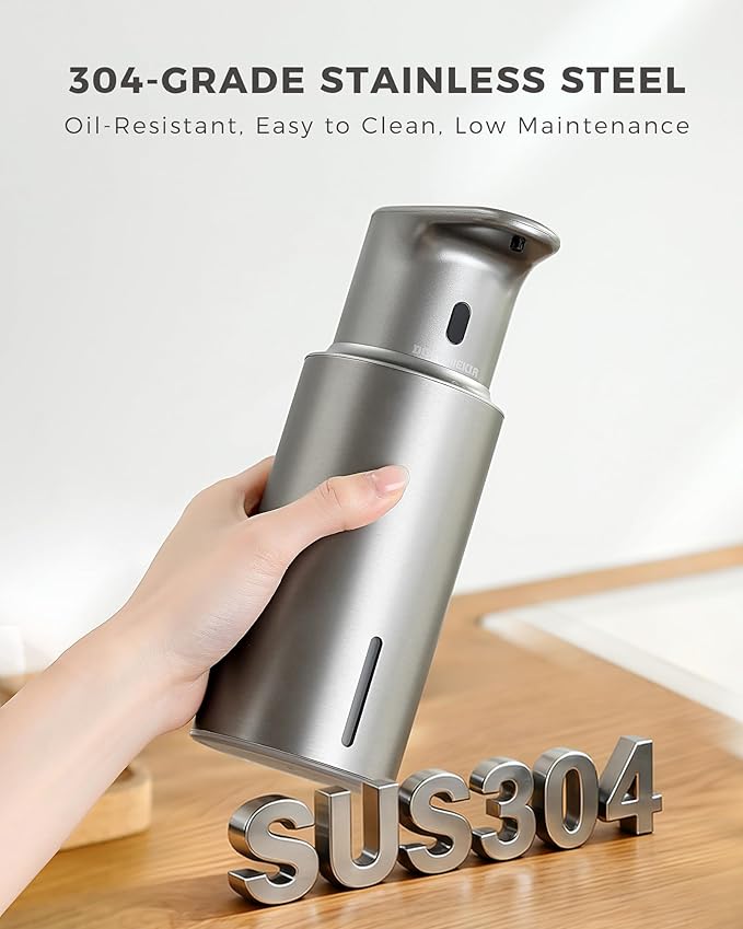 Automatic Liquid Soap Dispenser Touchless, 304 Stainless Steel Bottle Body &16.2oz/480ml Rechargeable, 3 Adjustable Liquid Levels, IPX7 Waterproof, for Kitchen Bathroom, Stainless Steel