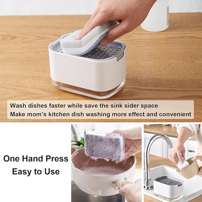 10oz Dish Soap Dispenser for Kitchen Sink with Sponge Holder Push Down Pump Caddy Tray Container Set Dishwashing Liquid Detergent Organizer on Countertop Travel Trailer - White