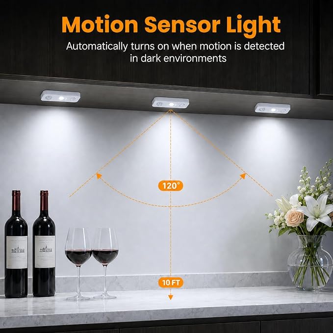 LightingWill LED Motion Sensor Puck Lights, Rechargeable Under Cabinet Lights, Stick on Wireless Night Lights, Dimmable Closet Lights for Drawer, Shelf, Hallway, Stairs, Daylight White, 8 Pack