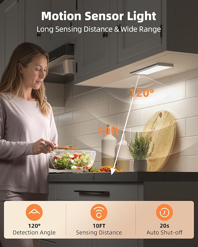 EZVALO 3000mAh Under Cabinet Lighting Wireless, 150LM Super Bright Motion Sensor Light, Rechargeable Under Counter Lights for Kitchen, Dimmable Closet Light with 3-Inch Ultra-Wide Panel 2Pack
