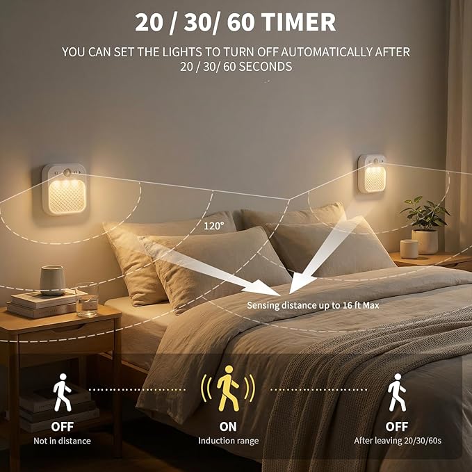 Motion Sensor Night Light, Rechargeable Magnetic LED Closet Light with 3 Color Temperatures & Stepless Dimming, Type-C Charging, 20/30/60s Timer, Stick-on Wall Light for Stairs, Hallway, RV