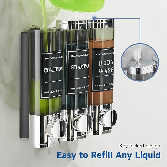 Shampoo and Conditioner Dispenser,Shower Soap Dispenser 3 Chamber No Drill Wall-Mounted Shampoo Dispenser for Shower Wall Mounted Shower Dispenser for Bathroom Hotel Large Capacity,Chrome