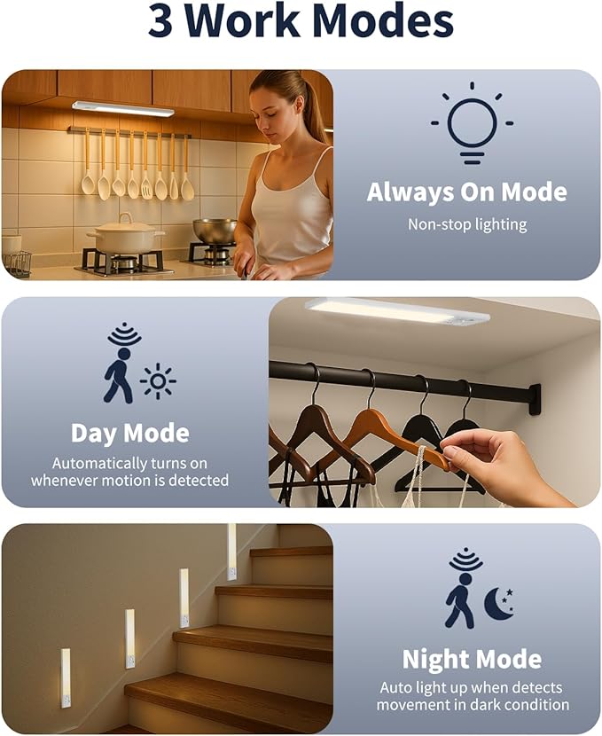 Under Cabinet Lighting, 12 Inch Motion Sensor Light Indoor, 1800mAh USB Rechargeable Closet Light, 3 Color Temperature Operable LED Lights, Can Be Used for Wardrobes, Cabinets, Stairs (3 Pack)