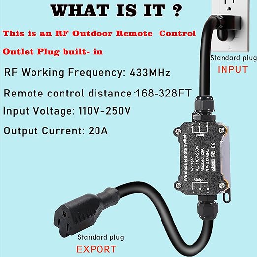 AC110V Remote Control Power Switch,Waterproof Wireless Light Switch,165 Feet Long,AC110V/120V/250V/20A RF Module Relay,Outdoor Weatherproof Smart Socket,Electrical Equipment