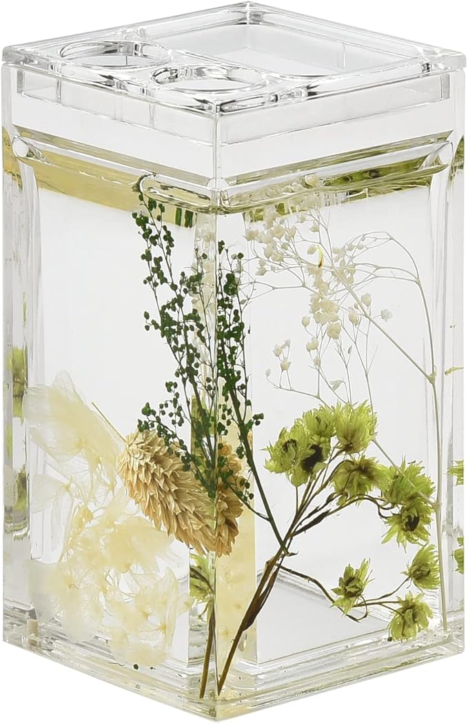 Locco Decor 4 Piece Acrylic Liquid 4D Floating Motion Bathroom Vanity Accessory Set Garden Botanic Green Plants Toothbrush Holder, Tumbler, Soap Dispenser, Soap Dish
