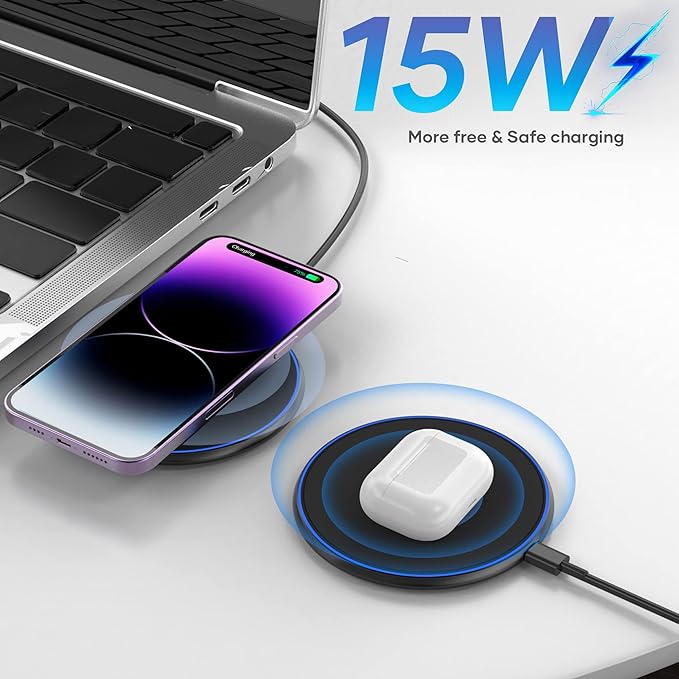 Wireless Charger Compatible with iPhone 16 15 14 13 12 11 Pro Max/Mini/Plus/XR/X/8, 15W Max Fast Wireless Charging Pad Mat for Galaxy S23/S22/S21/S20/S10, Air Pods Pro/3/2, Galaxy Buds