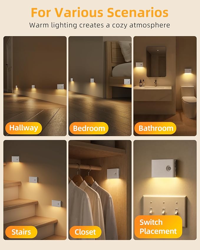 EZVALO Motion Sensor Stair Lights Indoor, Rechargeable Night Lights with Magnetic & Dimmable, Auto On/Off 3000K Soft White, Stick-On for Stairs, Hallway, Bathroom (8 Pack)