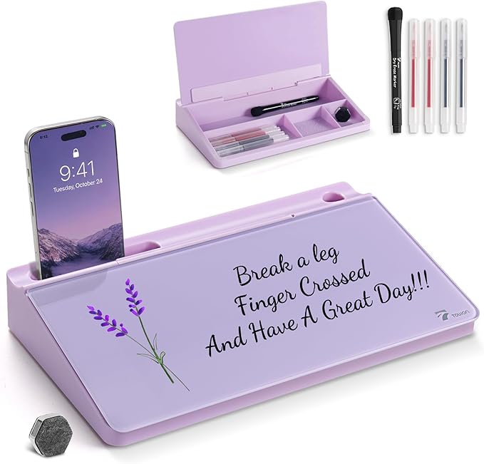 TOWON Small Compact Glass Desktop Whiteboard with Storage – 12 x 7 in Dry Erase Board for Desk, Home Office, School | Includes 5 Markers, Eraser & Holder | Space-Saving Organizer, Aesthetic Lavender