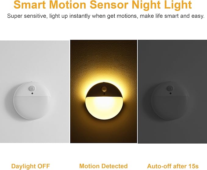 YUNLEX 2 Pack Motion Sensor Night Light, Gold Yellow, 3 Lighting Modes, Stepless Dimming, Battery-Powered, Dimmable LED, Suitable for Bedroom, Bathroom, Stairs, Corridors, Closets