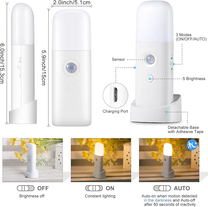 YELKO Motion Sensor Night Light, 2000mAh Rechargeable Night Lights Battery Powered, Portable Dimmable Nightlights with 5 Brightness Levels for Kids,Adults(Cool White 2Pack)