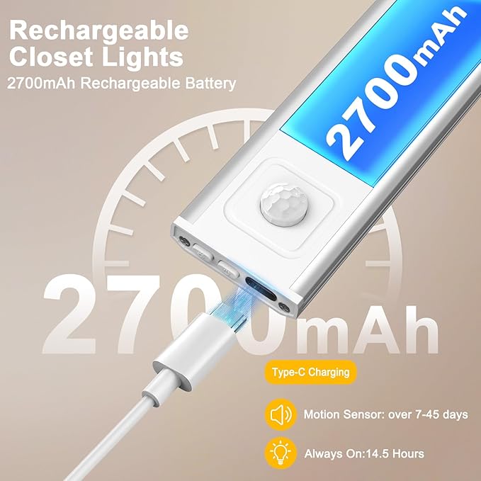 Onforu 13.8" Under Cabinet Lighting, 2700mAh USB-C Rechargeable, Motion Sensor Under Cabinet Lights with 3 Color & Dimmable, Magnetic Under Counter Lights for Kitchen, Closet, 2 Pack