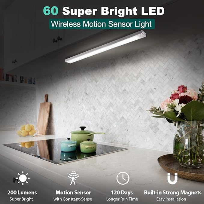 60 LED Closet Lights Battery Powered, BLS Super Bright Under Cabinet Lighting, Motion Sensor Light, Wireless, 2400mah Rechargeable Operated, 120 Days Run Time, 6000k Clean White-13 Inches