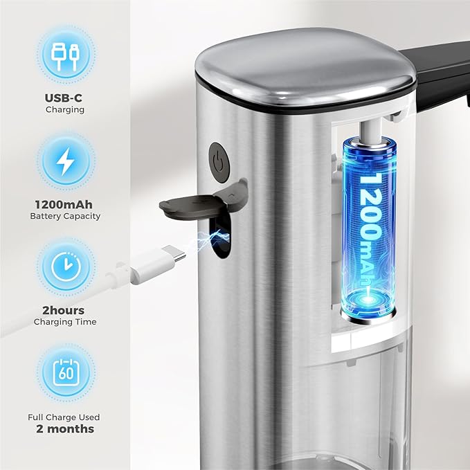 Sineng Automatic Soap Dispenser Touchless, 304 Stainless Steel Liquid Hand Soap Dispenser, 8.5oz/250ml 2 Adjustable Levels Water-Resistant and Rechargeable Kitchen Bathroom Soap Dispenser