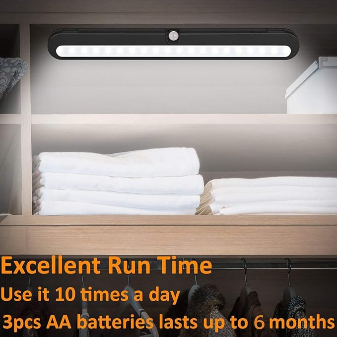 Alivation Closet Lights Battery Operated Led, Motion Sensor Light Indoor, Under Cabinet Lighting, Under Counter Lights for Kitchen, Laundry, 3 AA Battery Powered/DC Input, Day & Night Modes, Black