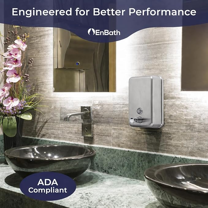 Commercial Soap Dispenser Wall Mount, 304 Stainless Steel & Solid Brass Pump Core, Industrial Grade Hand Soap Dispenser with Corrosion-Proof Lining for Bathrooms & Kitchens, 37oz/1100ml ADA Compliant