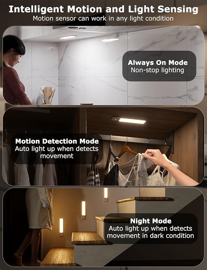 8" Ultra-Thin Under Cabinet Lighting Wireless, Aluminum Alloy Under Counter Lights for Kitchen, 3-Color-Temps Magnetic Closet Lights, Rechargeable Motion Sensor Light Indoor (2 Pack, Silver)