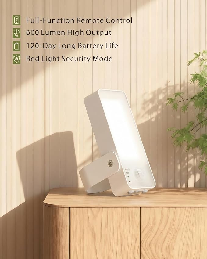 KMSCO Battery Motion Sensor Light Outdoor, Motion-Sensing Security Light with Remote Control, 10000mAh 600 Lumens IP65 Waterproof, Ideal for Porches,Garages,Yards (White, 1 Pack)