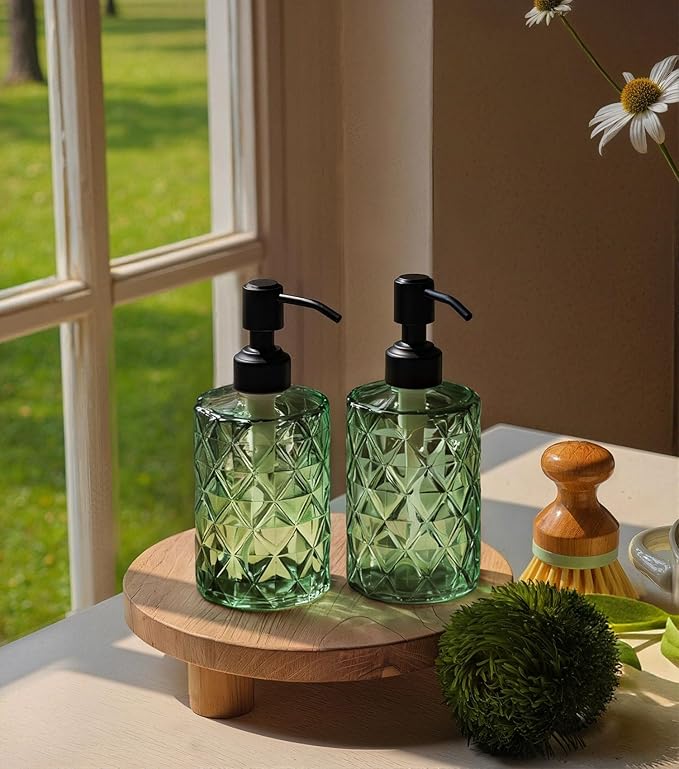 JASAI Forest Green Glass Soap Dispenser with Black Rustproof Pump, Refillable Small Soap Dispenser for Kitchen and Bathroom.