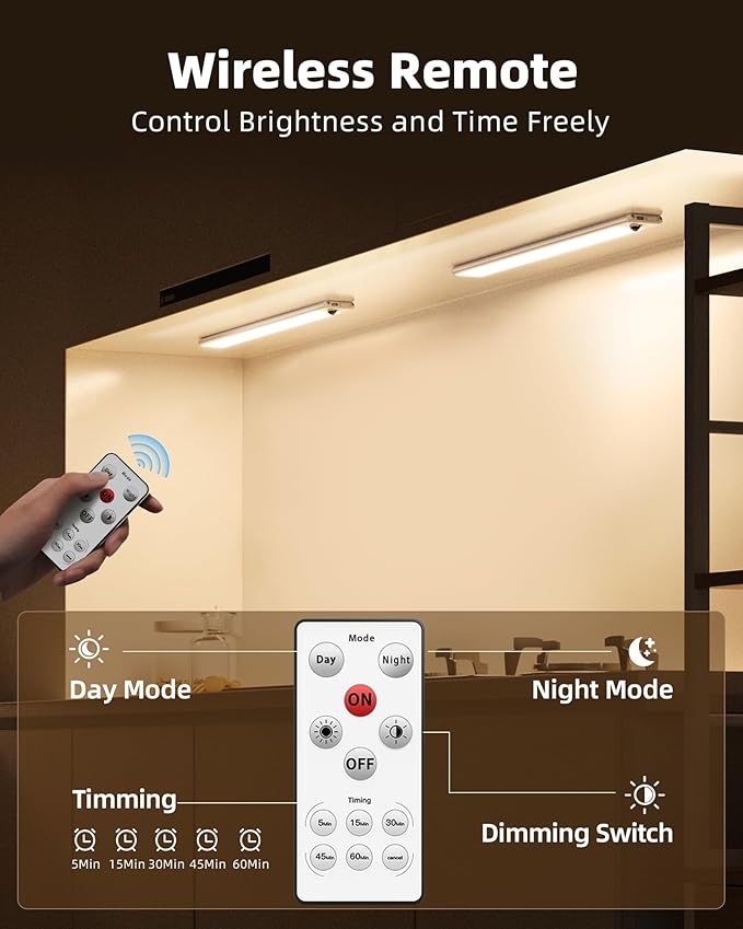 EZVALO Under Cabinet Lights,14.5'' Motion Sensor Light Indoor Dimmable, Super Bright 4000mAh Rechargeable Closet Lights 3500K with Remote Control, Wireless Under Counter Light for Kitchen,Cabinet