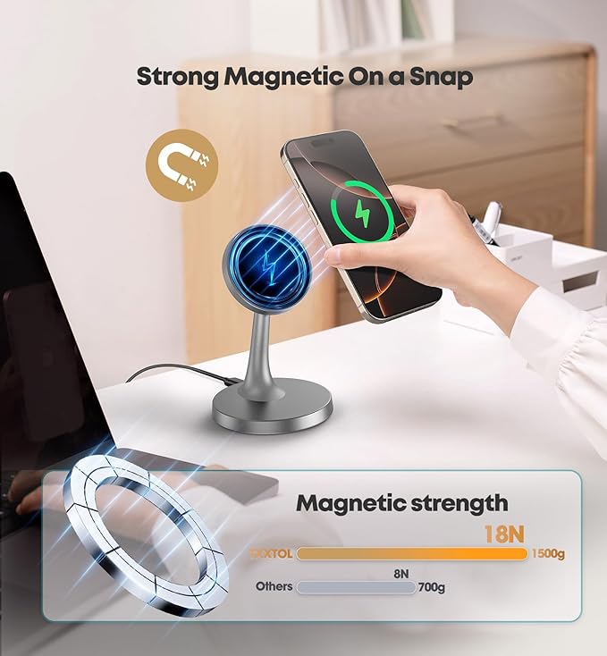 TXXTOL Magnetic Wireless Charger iPhone Stand, 15W Fast Mag-Safe Charger iPhone 17/17 Air/17 Pro/17 Pro Max 16/15/14/13/12 Series Magnet Wireless Charging Station/Pad/AirPods for Home, Office, Travel