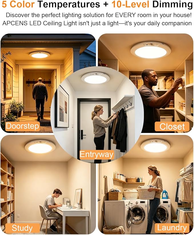 Wireless Motion Sensor Ceiling Light, 7.5" Ultra-Thin, 8000mAh Rechargeable, 450LM, 5 Color Temps, Dimmable with Timer & Remote, Magnetic Stick-On/Screw Mount for Closet, Hallway, 2-Pack