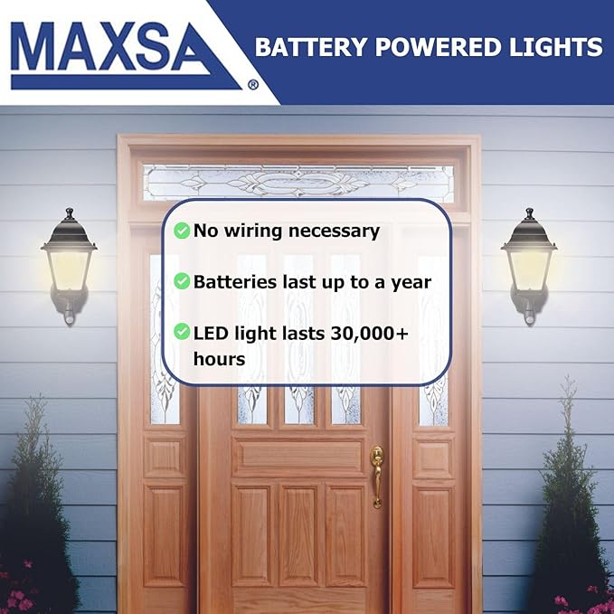 Maxsa 44219 Premium Wireless Battery-Powered Motion-Activated Decorative Outdoor Wall Sconce Lighting Fixture, Cool White LED, Metal Housing, Black